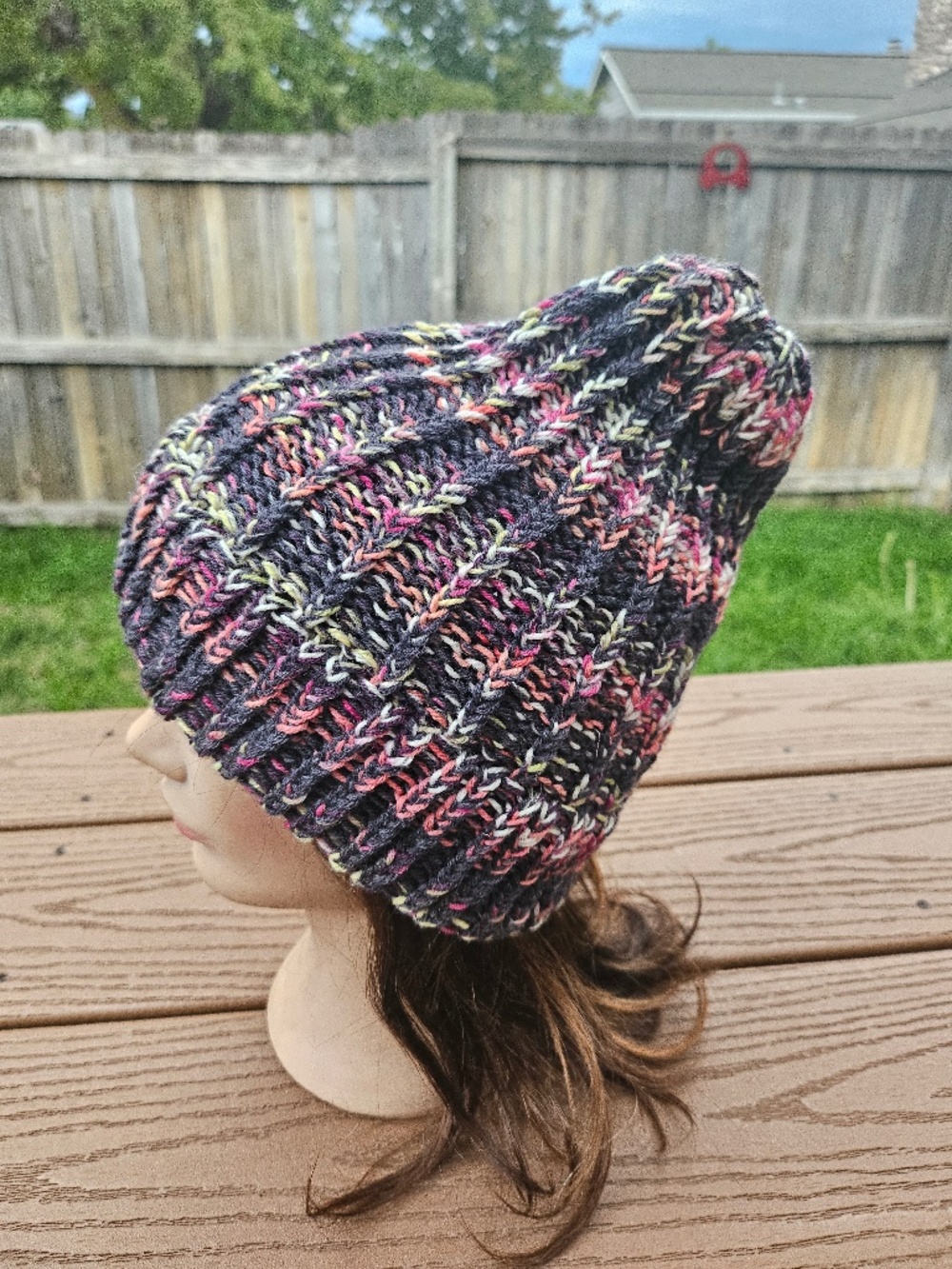 Handmade Knit Beanie Dark Gray Pink Yellow Multicolor Winter Hat